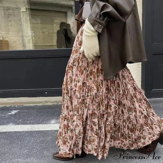 Cute Bohemian Floral Maxi Skirt Summer Vintage Romantic khaki / One Size skirt-250126