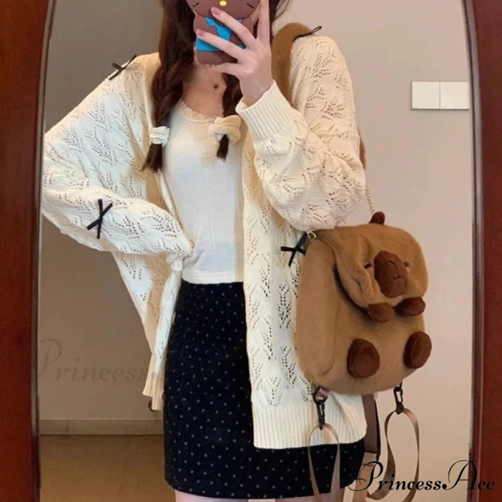 Cute Bow Hollow Out Solid Knit Cardigan cardiagn-250126