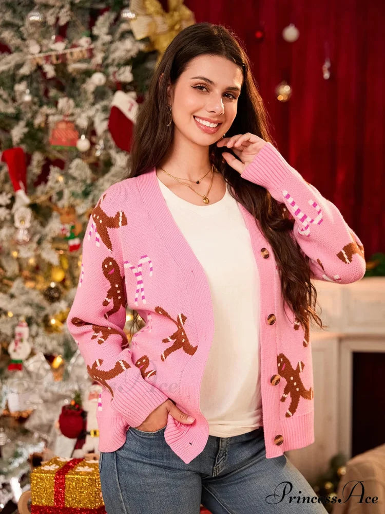 Cute Candy Cane Pattern Long Sleeve V-Neck Button Down Christmas Sweater