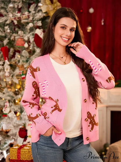 Cute Candy Cane Pattern Long Sleeve V-Neck Button Down Christmas Sweater