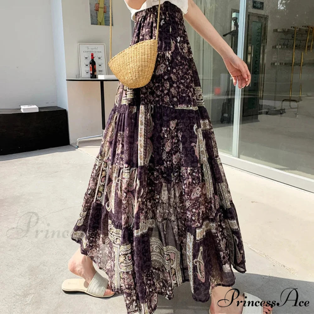 Cute Chiffon Patchwork Floral Tea Time Skirt PURPLE / One Size skirt-250126
