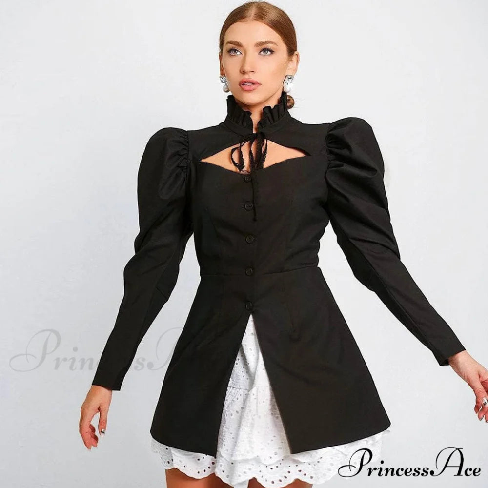 Cute Cotton Blend Deep V Neck Sophisticated Puff Sleeve Skater Mini Dress - White M / Black