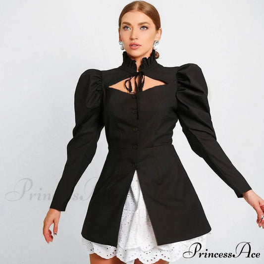 Cute Cotton Blend Deep V Neck Sophisticated Puff Sleeve Skater Mini Dress - White M / Black