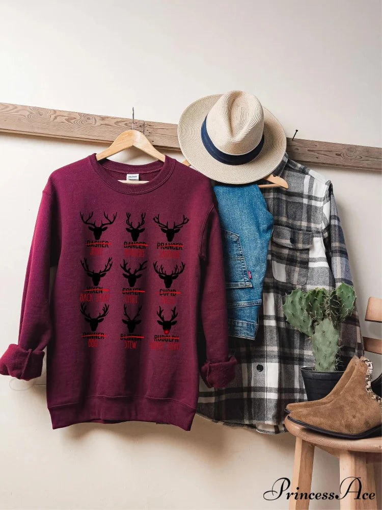 Cute Cotton Wapiti Print Hot Sale Deer Hunting Gift Christmas Hoodie Burgundy / S Christmas Hoodies-L