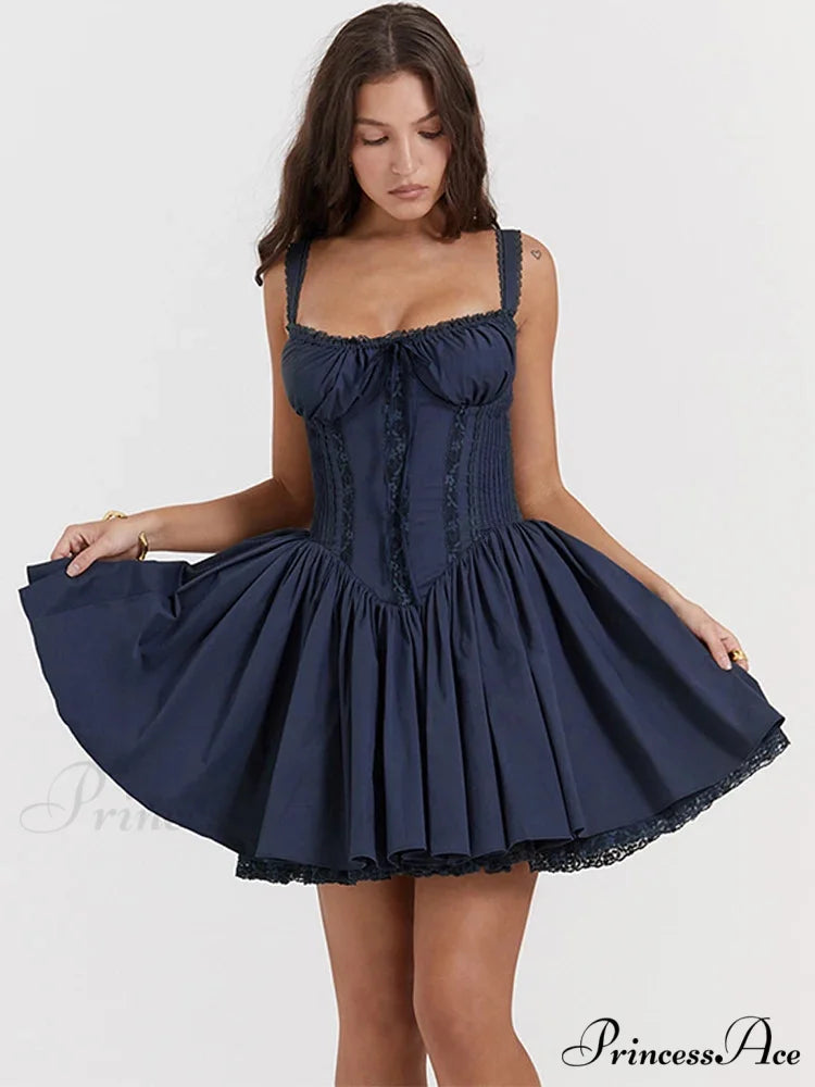 Cute Elegant Italian Noodle Strap Lace Up Red Christmas Party Dress Navy Blue / S
