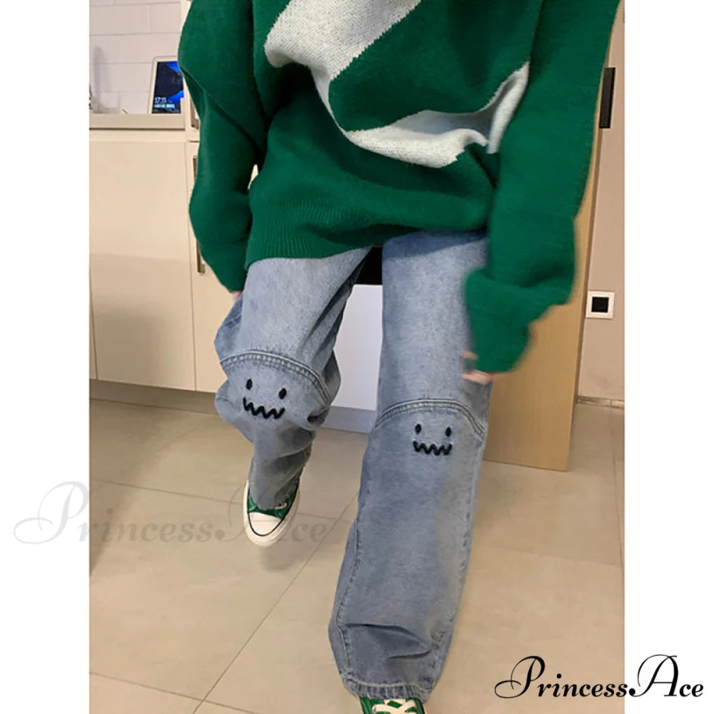 Cute Emoji Face Wide Leg Personalized Jeans