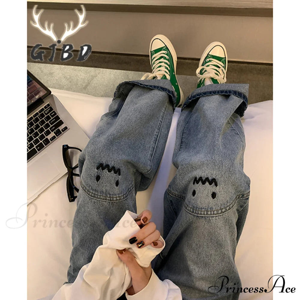 Cute Emoji Face Wide Leg Personalized Jeans