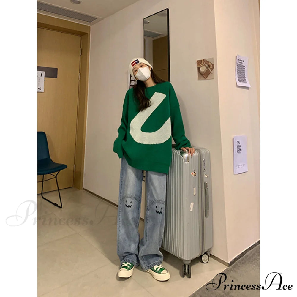 Cute Emoji Face Wide Leg Personalized Jeans