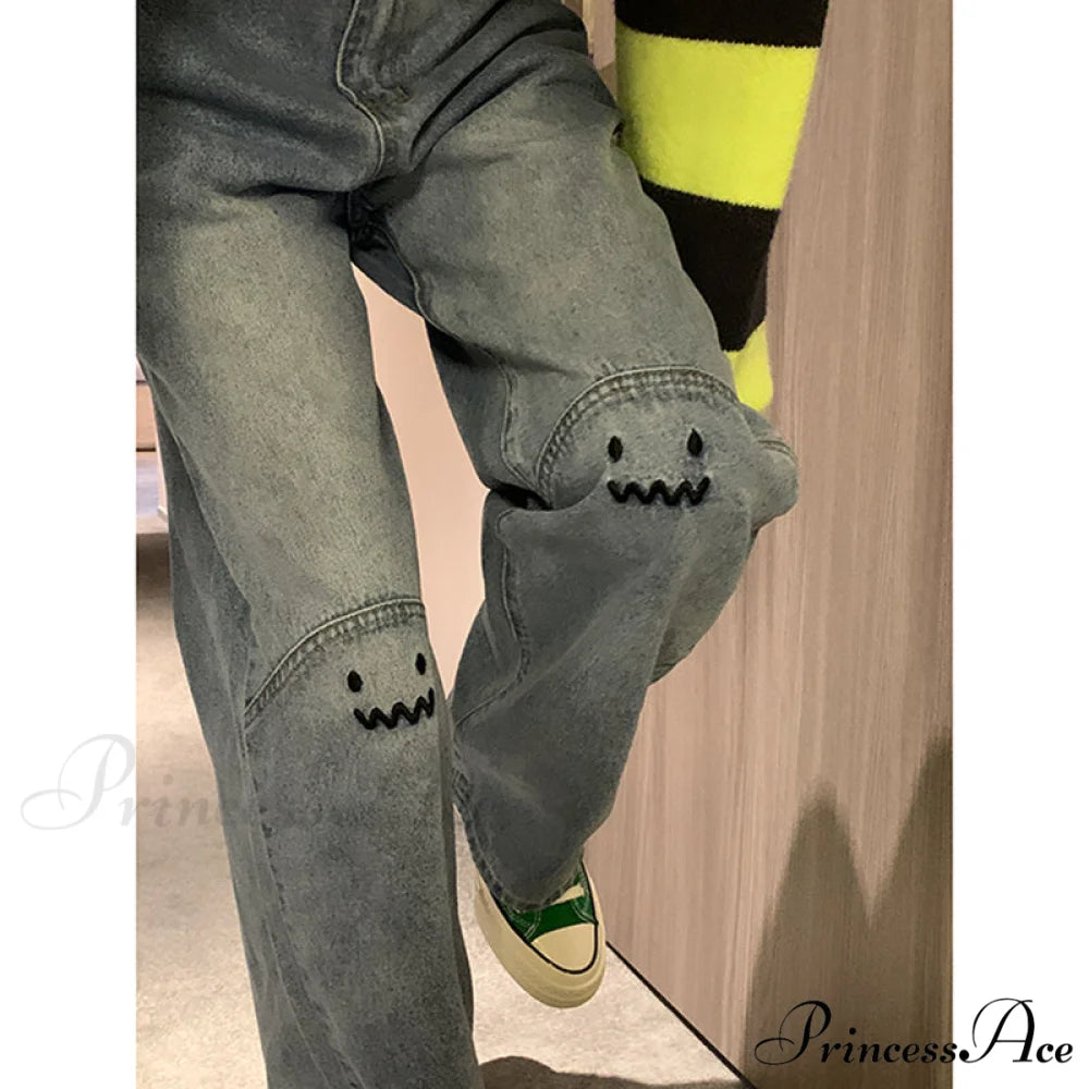 Cute Emoji Face Wide Leg Personalized Jeans