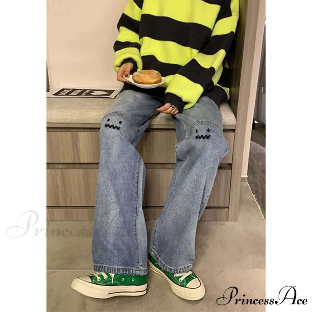 Cute Emoji Face Wide Leg Personalized Jeans Blue / S