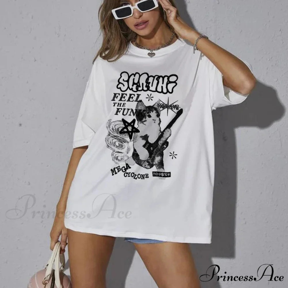 Cute Feline Oversized Graphic T-shirt WHITE / S t-shirt-250223
