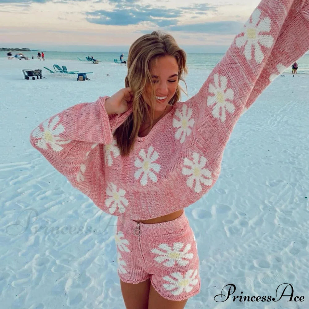 Cute Floral Print Pullover Knit Classic Shorts Matching Set - Khaki L / Pink