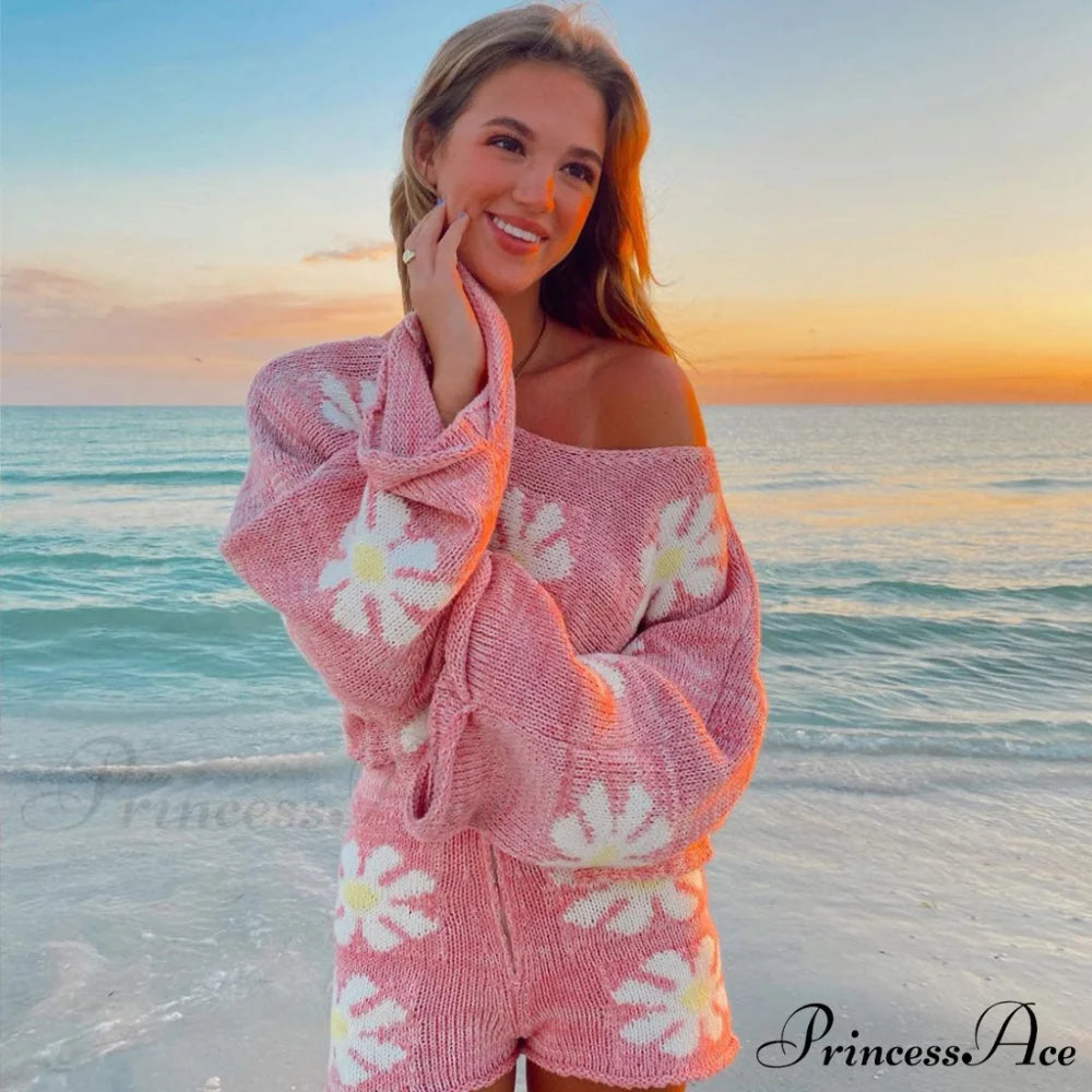 Cute Floral Print Pullover Knit Classic Shorts Matching Set - Khaki M / Pink