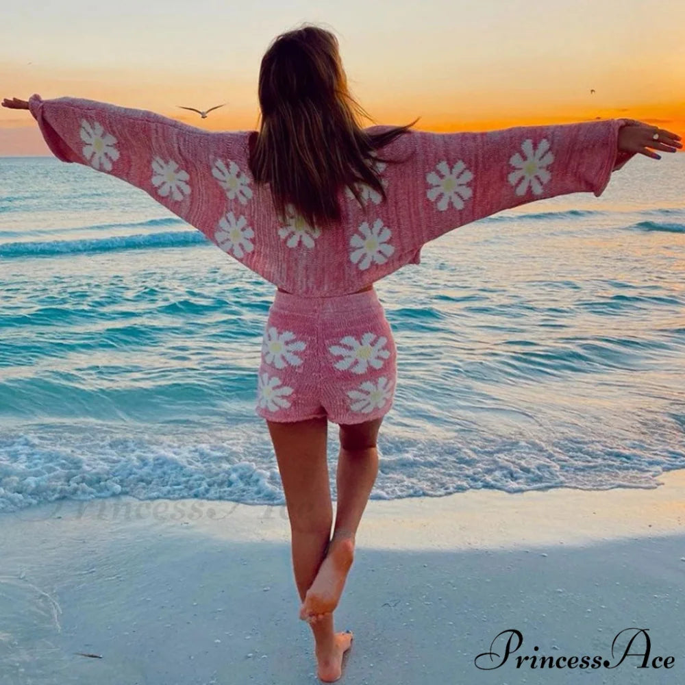 Cute Floral Print Pullover Knit Classic Shorts Matching Set - Khaki XL / Pink