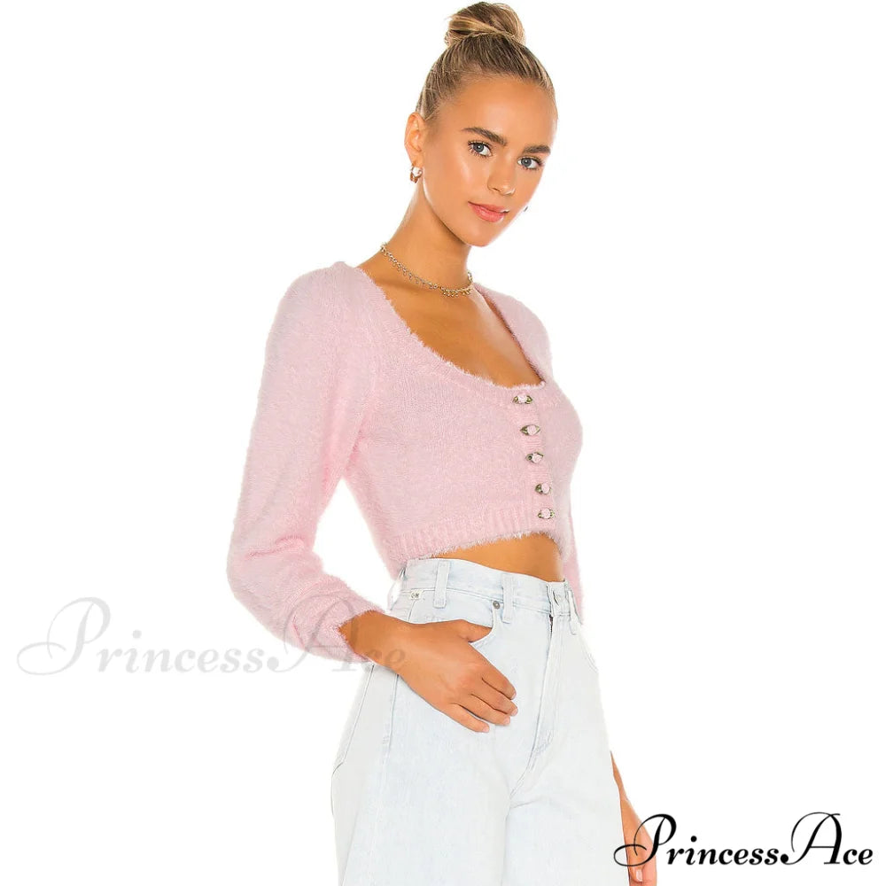 Cute Flower Cable Knit Bishop Classic Sleeve Crop Pullover Sweater - Yellow L / Pink