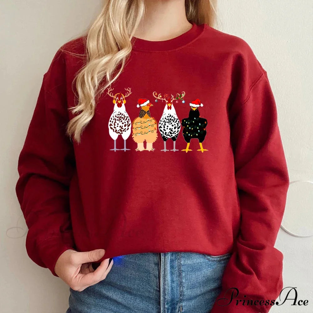Cute Funny Chickens Animal Farmer Country Christmas Hoodie Burgundy / S Christmas Hoodies-L