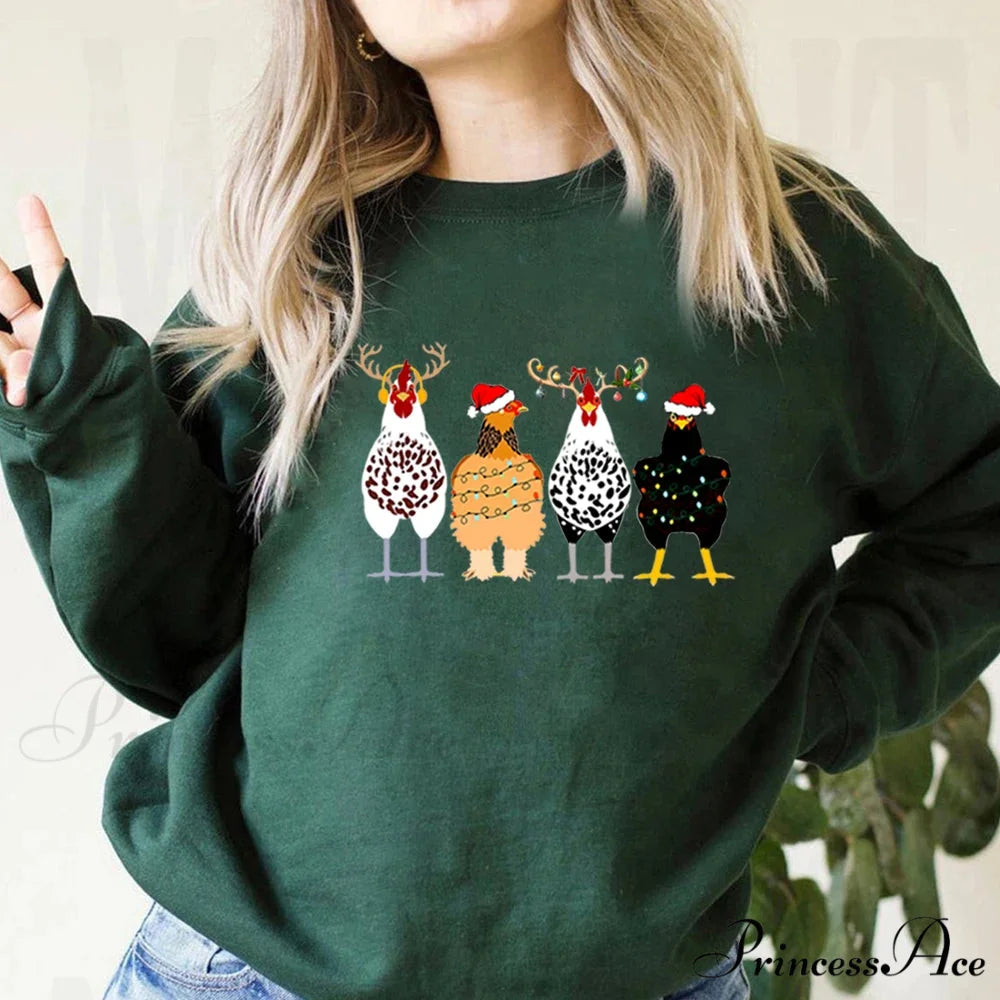 Cute Funny Chickens Animal Farmer Country Christmas Hoodie Dark Green / S Christmas Hoodies-L
