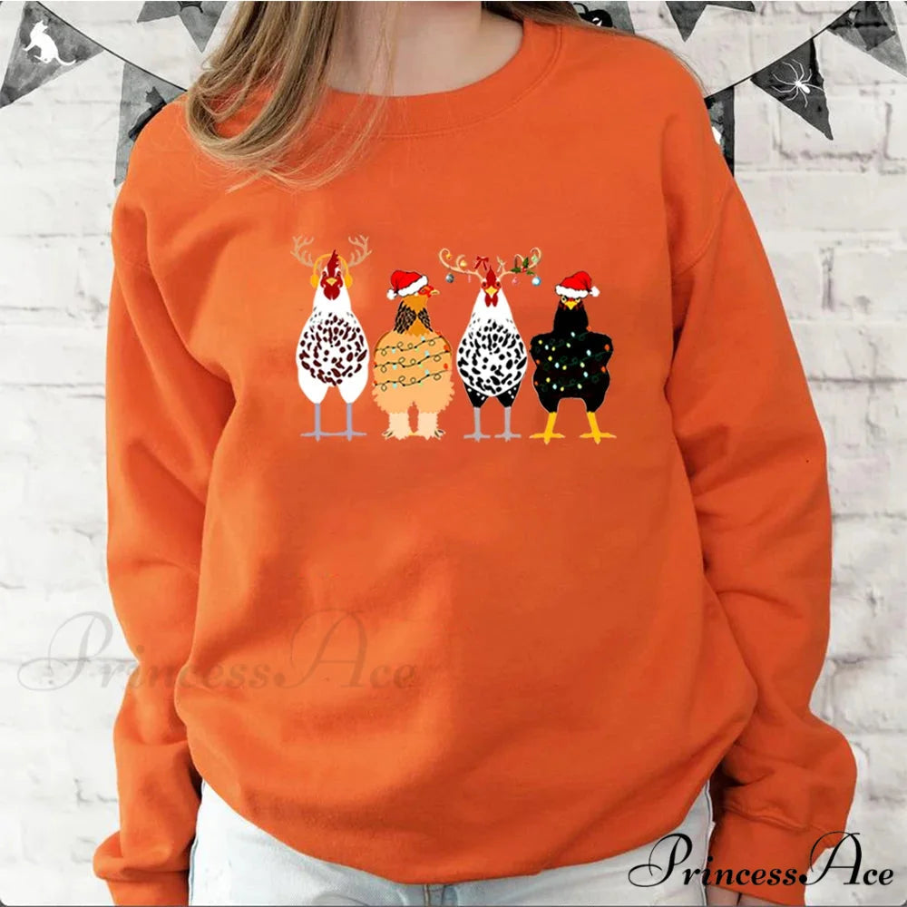 Cute Funny Chickens Animal Farmer Country Christmas Hoodie Orange / S Christmas Hoodies-L
