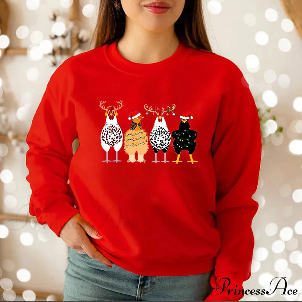 Cute Funny Chickens Animal Farmer Country Christmas Hoodie Red / S Christmas Hoodies-L