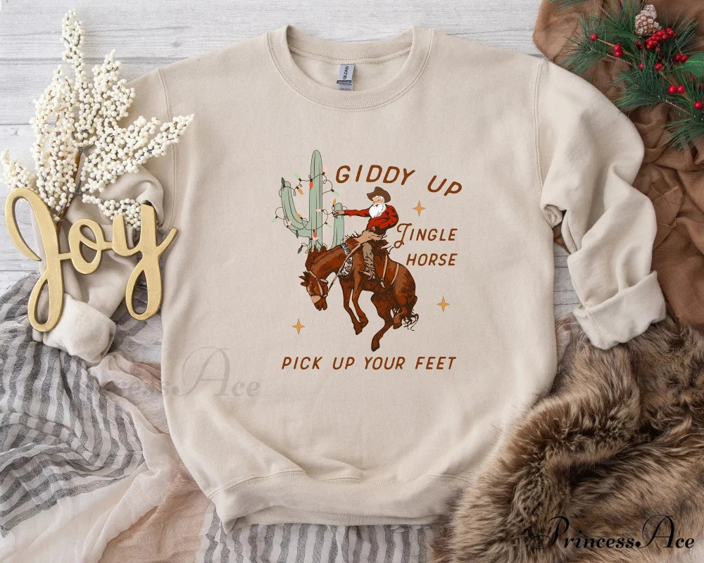 Cute Giddy Up Jingle Horse Cotton Slogan Christmas Hoodie creamy-white / S Christmas Hoodies-L
