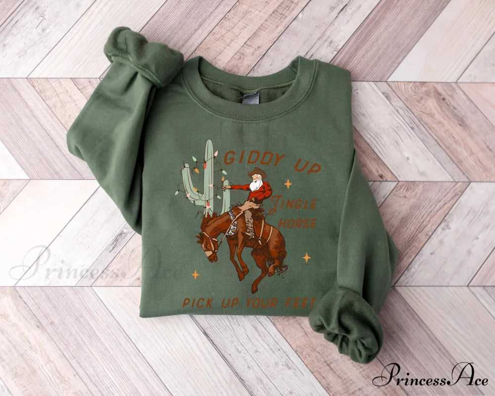 Cute Giddy Up Jingle Horse Cotton Slogan Christmas Hoodie Green / S Christmas Hoodies-L
