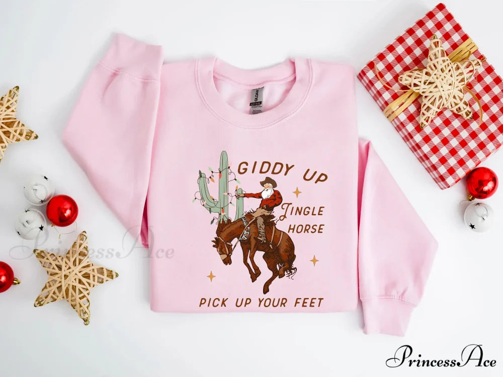 Cute Giddy Up Jingle Horse Cotton Slogan Christmas Hoodie Pink / S Christmas Hoodies-L