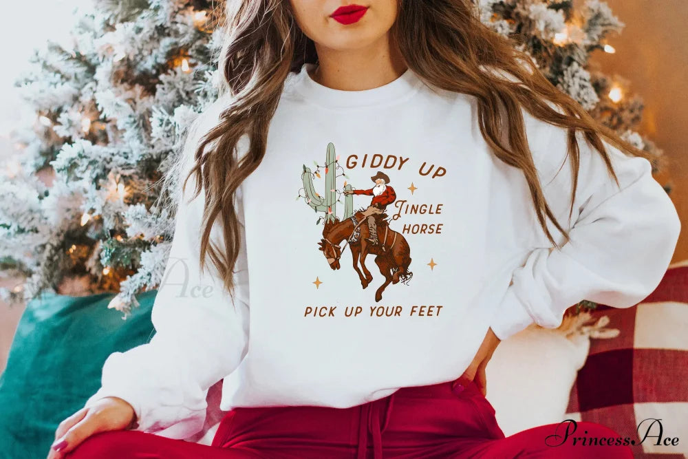 Cute Giddy Up Jingle Horse Cotton Slogan Christmas Hoodie WHITE / S Christmas Hoodies-L