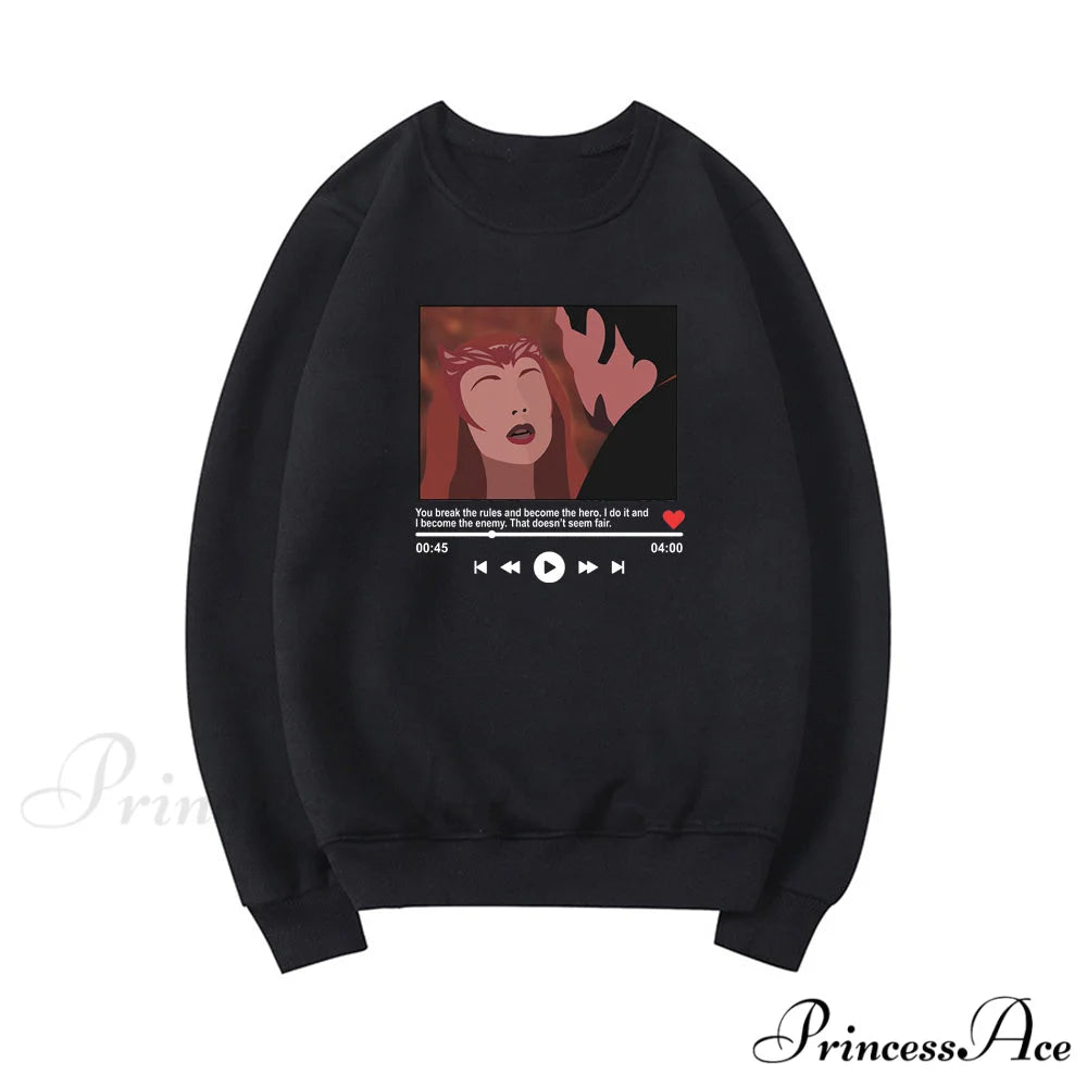 Cute Graphic Print Multi-color Hoody Pullover Black / S