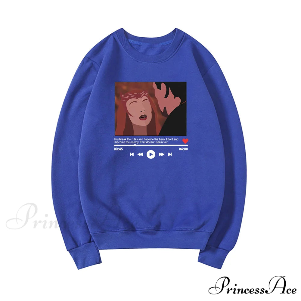 Cute Graphic Print Multi-color Hoody Pullover Blue / S