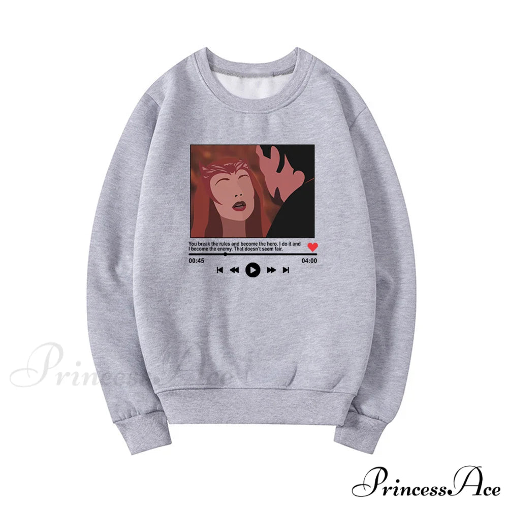 Cute Graphic Print Multi-color Hoody Pullover Gray / S