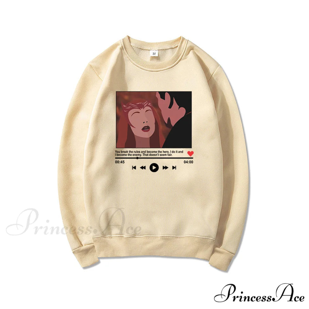 Cute Graphic Print Multi-color Hoody Pullover Khaki / S