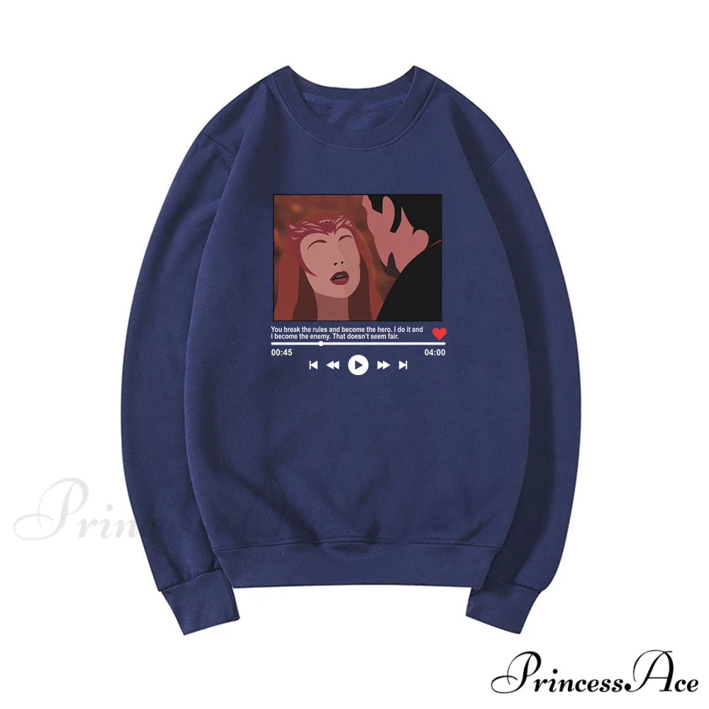 Cute Graphic Print Multi-color Hoody Pullover Navy Blue / S