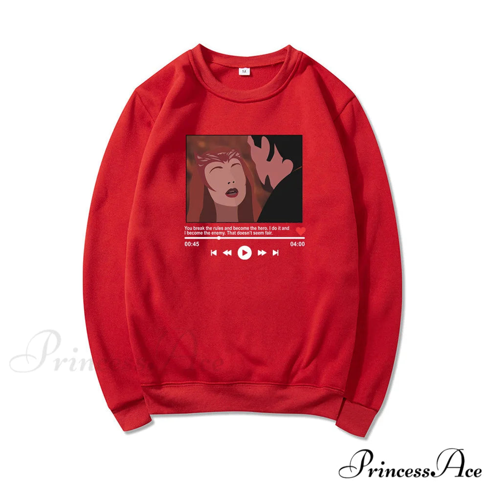 Cute Graphic Print Multi-color Hoody Pullover Red / S