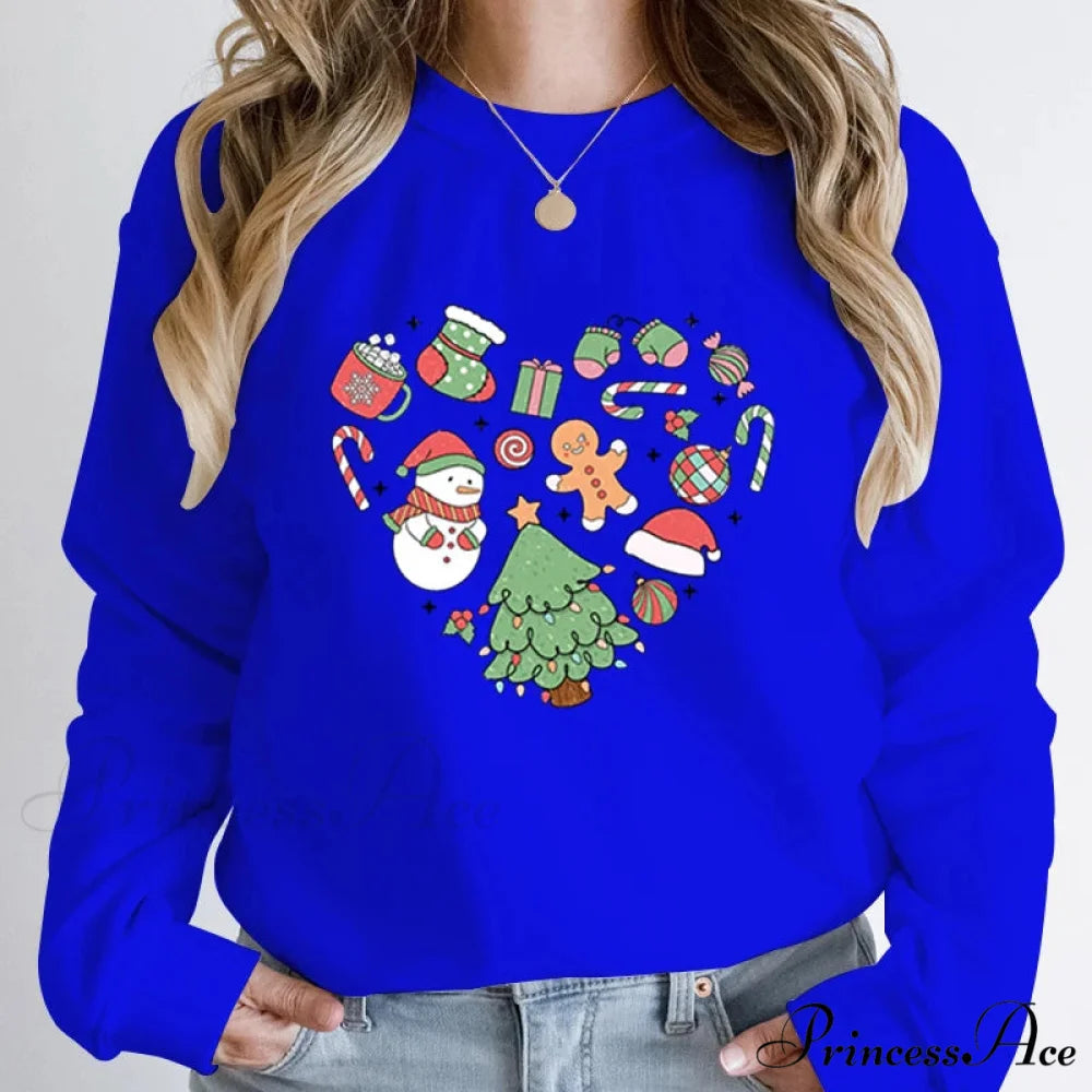 Cute Heart Tree Snowman Fashion Loose Round Neck Christmas Hoodie Blue / S Christmas Hoodies-L