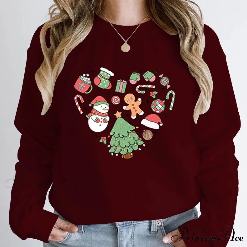 Cute Heart Tree Snowman Fashion Loose Round Neck Christmas Hoodie Burgundy / S Christmas Hoodies-L