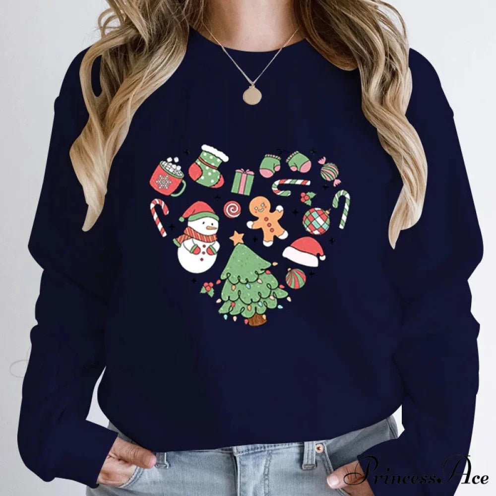 Cute Heart Tree Snowman Fashion Loose Round Neck Christmas Hoodie DEEP BLUE / S Christmas Hoodies-L