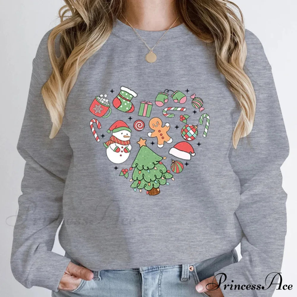 Cute Heart Tree Snowman Fashion Loose Round Neck Christmas Hoodie GRAY / S Christmas Hoodies-L