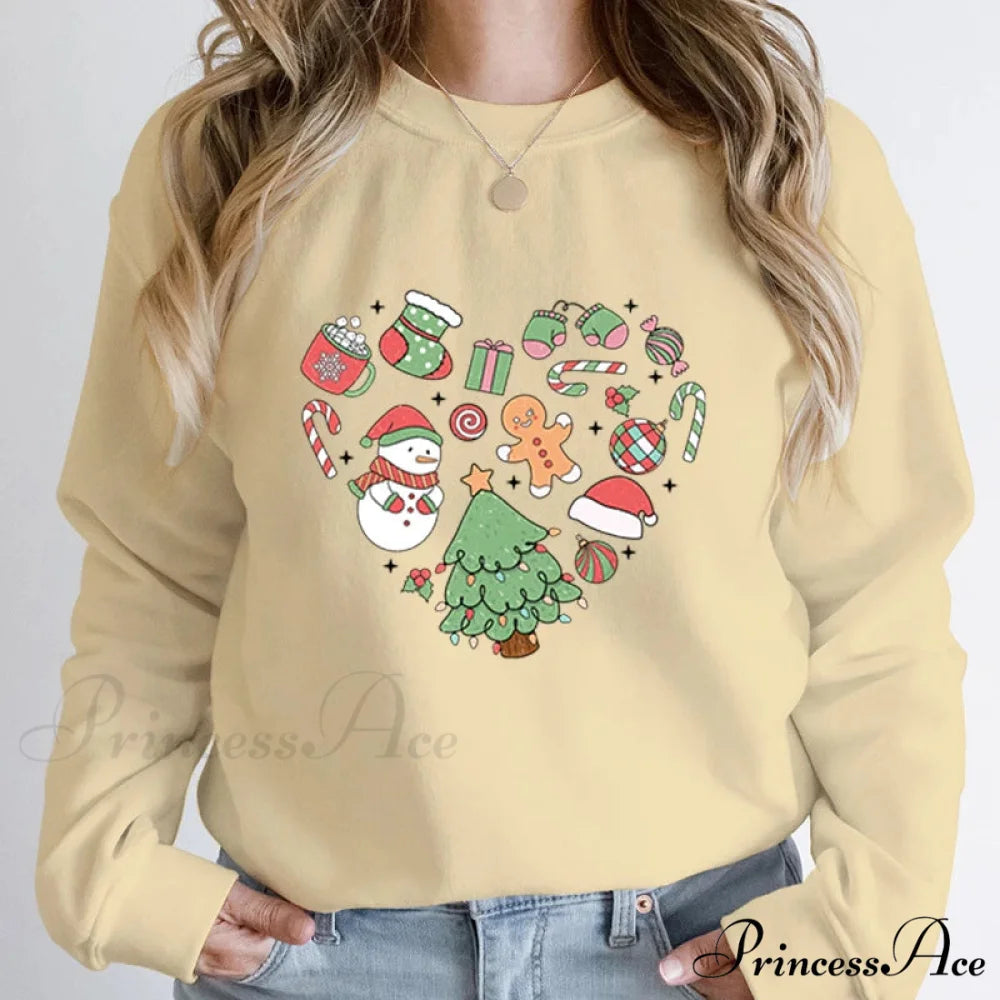 Cute Heart Tree Snowman Fashion Loose Round Neck Christmas Hoodie Khaki / S Christmas Hoodies-L