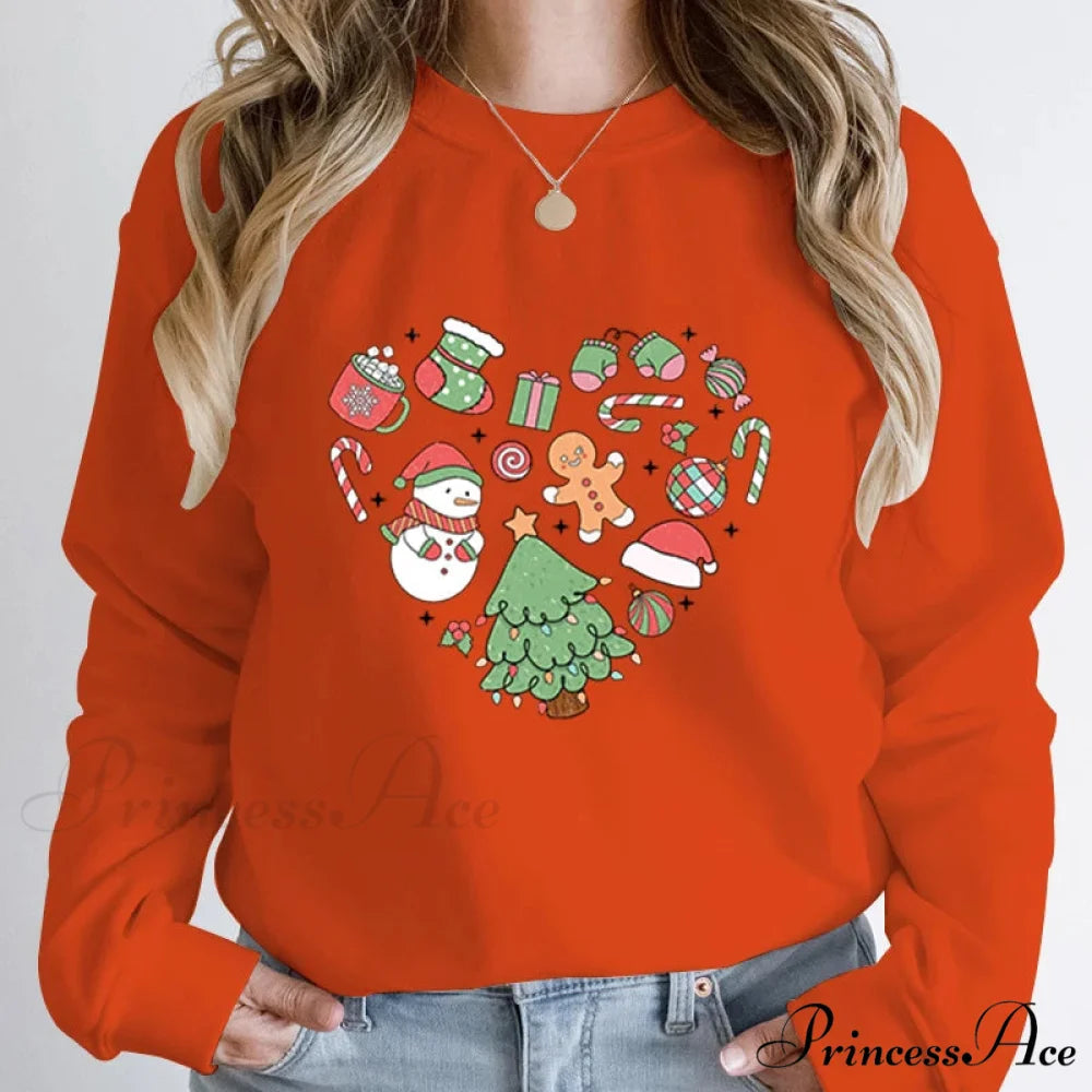 Cute Heart Tree Snowman Fashion Loose Round Neck Christmas Hoodie Orange / S Christmas Hoodies-L