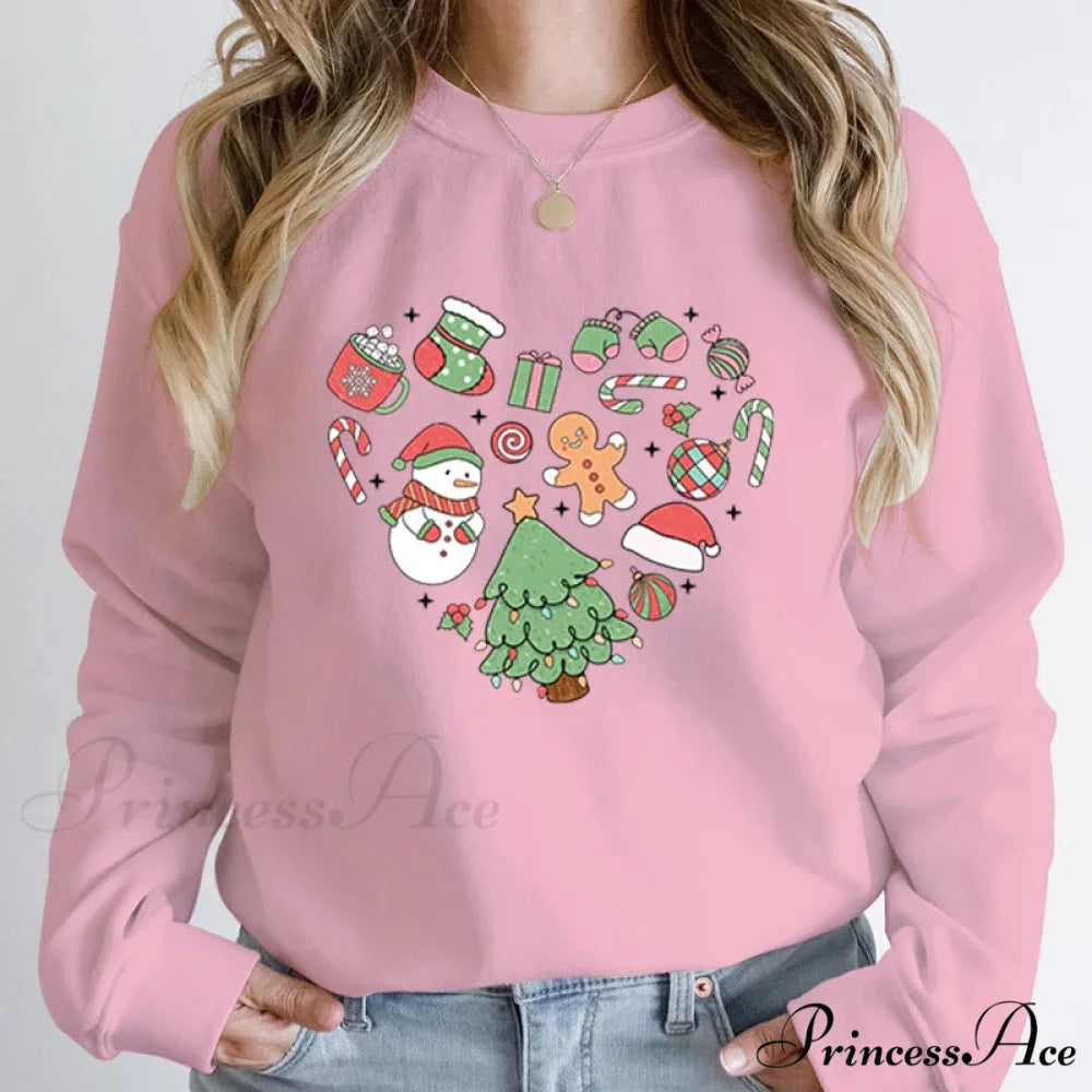 Cute Heart Tree Snowman Fashion Loose Round Neck Christmas Hoodie Pink / S Christmas Hoodies-L