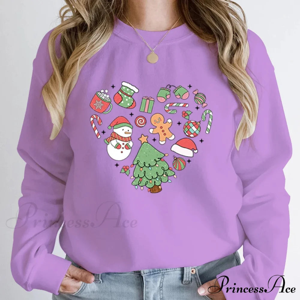 Cute Heart Tree Snowman Fashion Loose Round Neck Christmas Hoodie PURPLE / S Christmas Hoodies-L