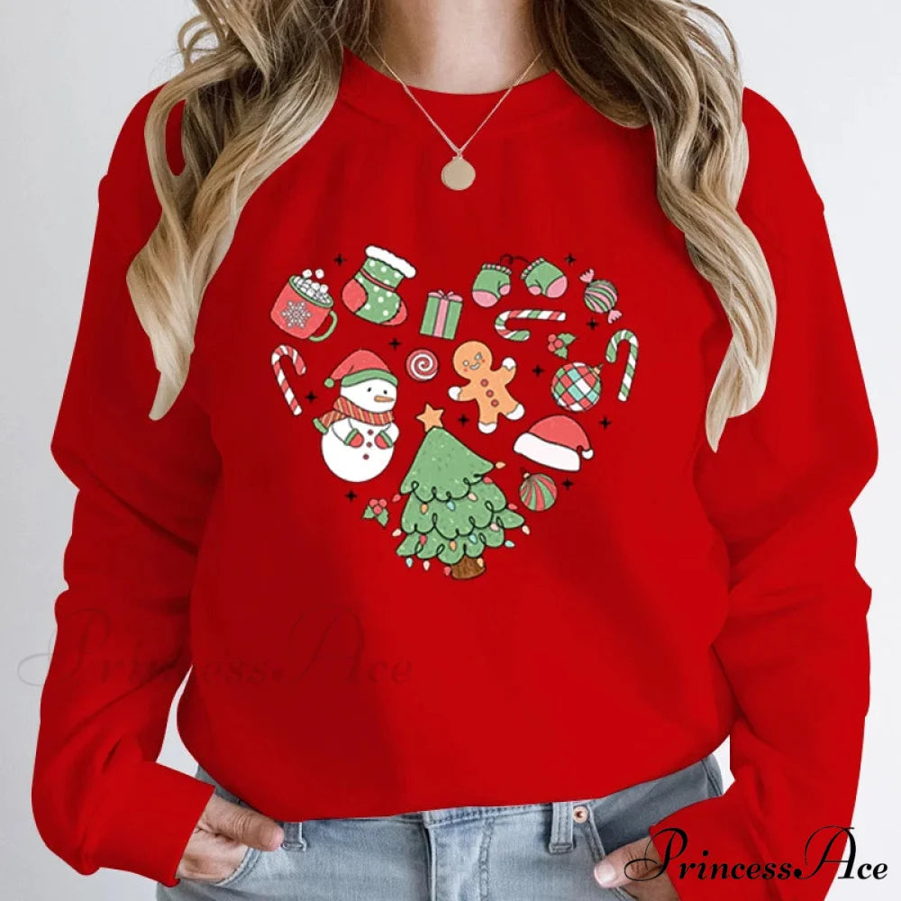 Cute Heart Tree Snowman Fashion Loose Round Neck Christmas Hoodie Red / S Christmas Hoodies-L