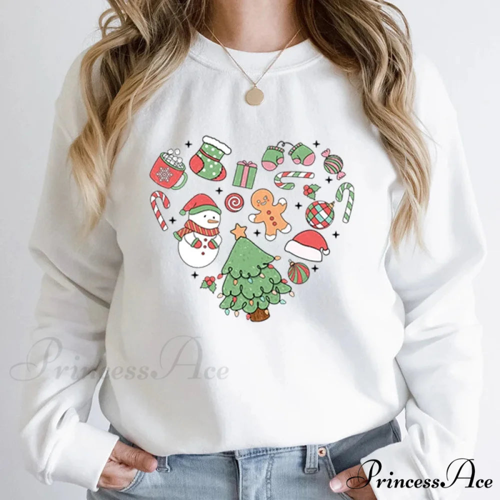 Cute Heart Tree Snowman Fashion Loose Round Neck Christmas Hoodie WHITE / S Christmas Hoodies-L