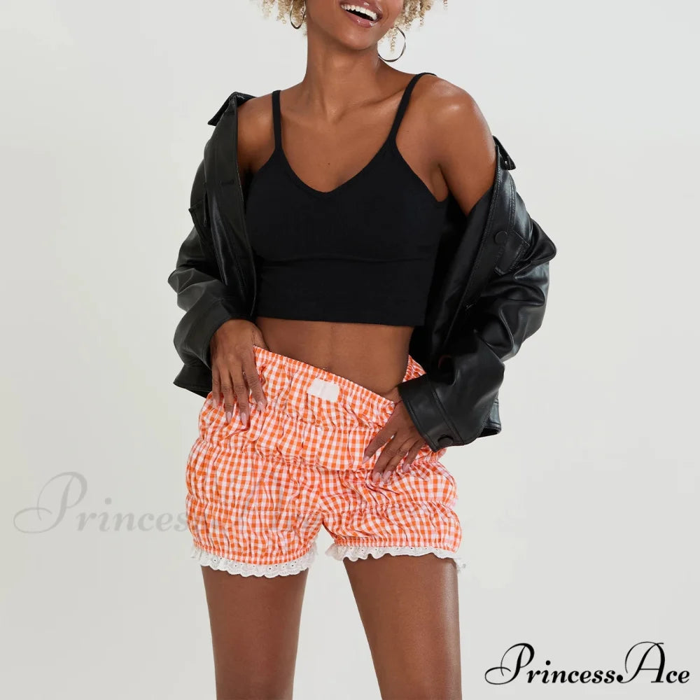 Cute Lace Hem Plaid Bloomer Short short-250223