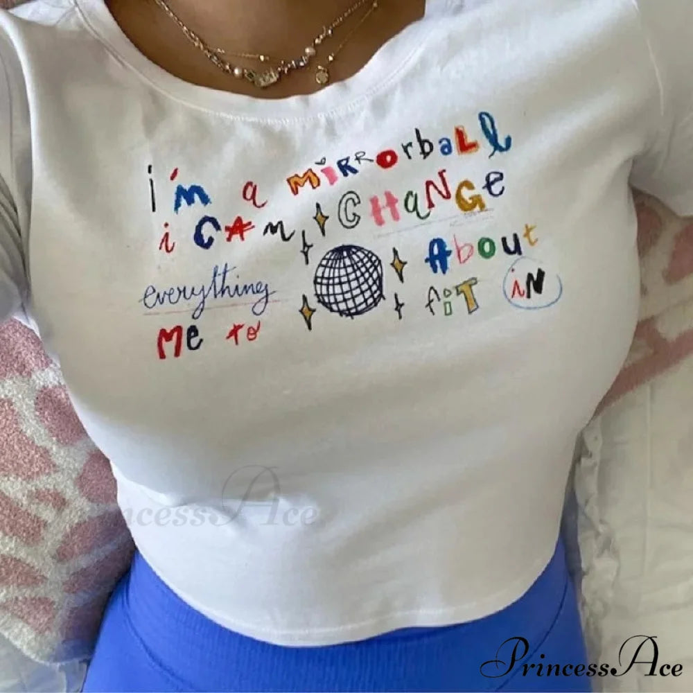 Cute Letter Print Crop Top T-shirt white01 / S t-shirt-250223