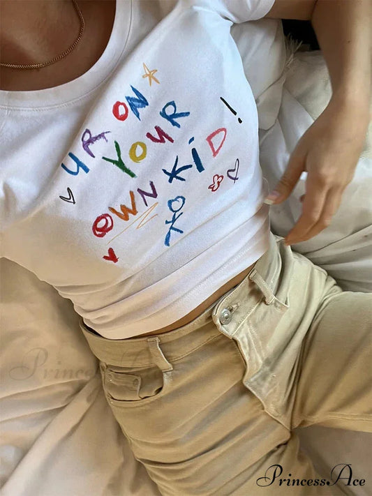 Cute Letter Print Crop Top T-shirt white02 / S t-shirt-250223