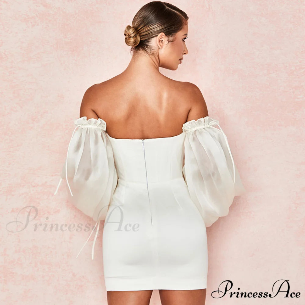 Cute Off Shoulder Puff Sleeve Classic Bodycon Party Mini Dress - Black L / White