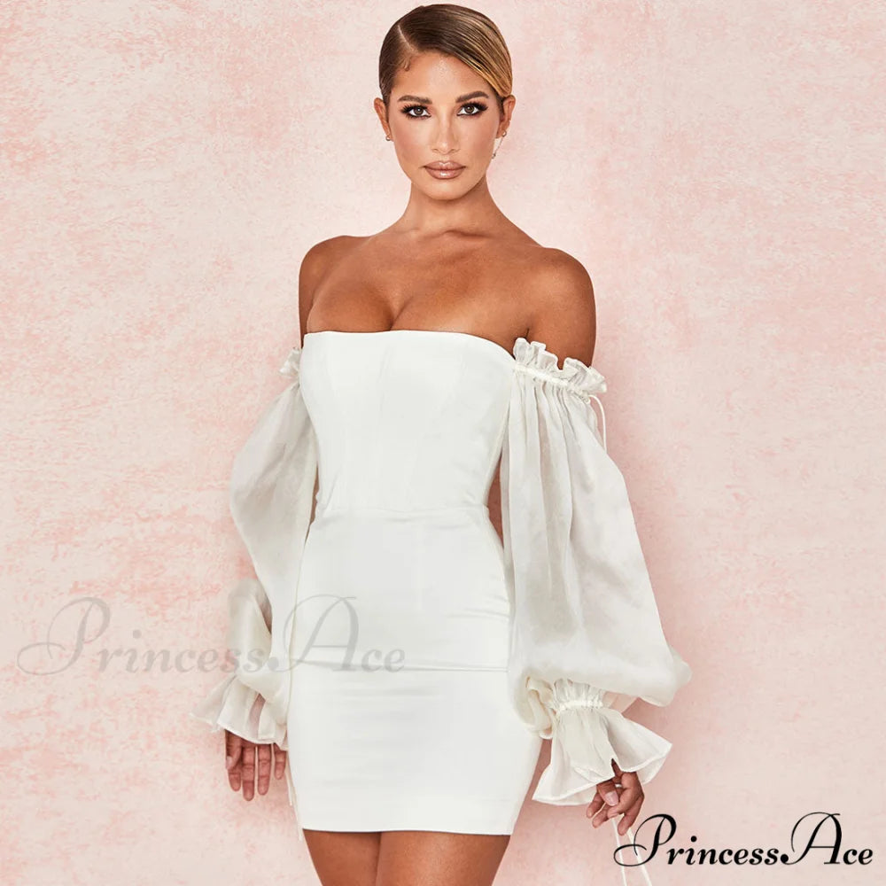 Cute Off Shoulder Puff Sleeve Classic Bodycon Party Mini Dress - Black M / White