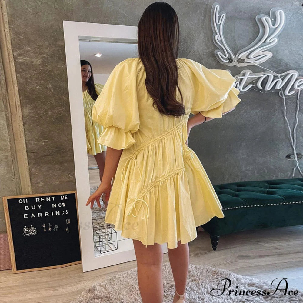 Cute Off Shoulder Puff Sleeve Classic Bodycon Party Mini Dress - White L / Yellow