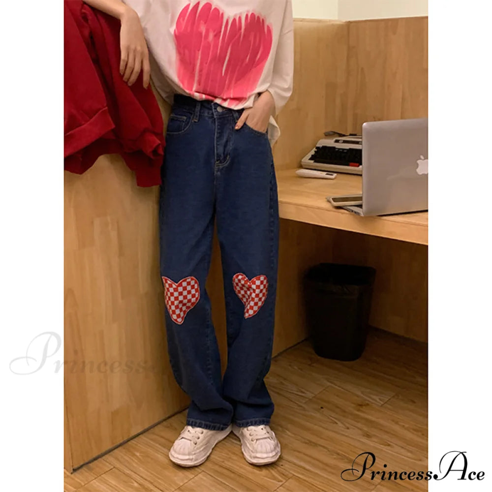 Cute Red Heart Print Pencil Jeans